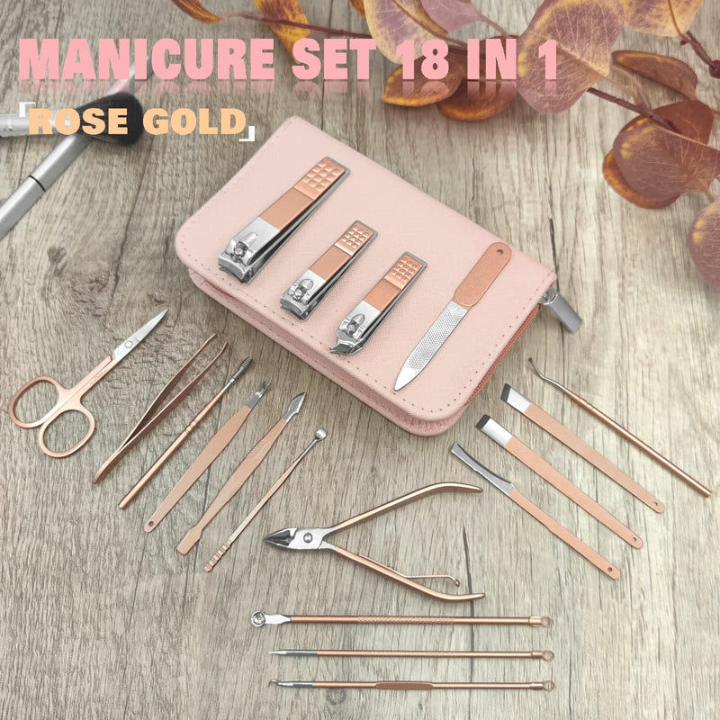 [Australia] - Manicure Set Professional Nail Clippers Kit Pedicure Care Tools With Zipped Bag For Women - 18 In 1 Grooming Tools Kit For Travel & Home（ROSE GOLD） Rose Gold-18pcs 
