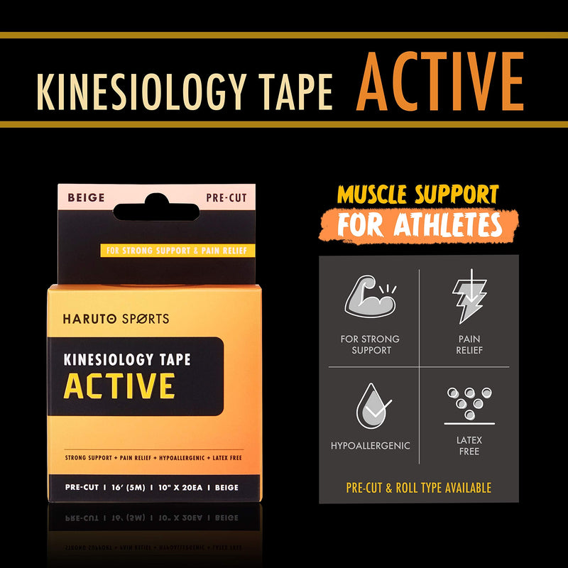 [Australia] - HARUTO Kinesiology Sports Tape, for Pain Relief Strong Support, Therapeutic Tape Physio for Athletic Sports Recovery, 20 Precut 10” Strips (Active Beige for Sports Enthusiasts) Active-beige 