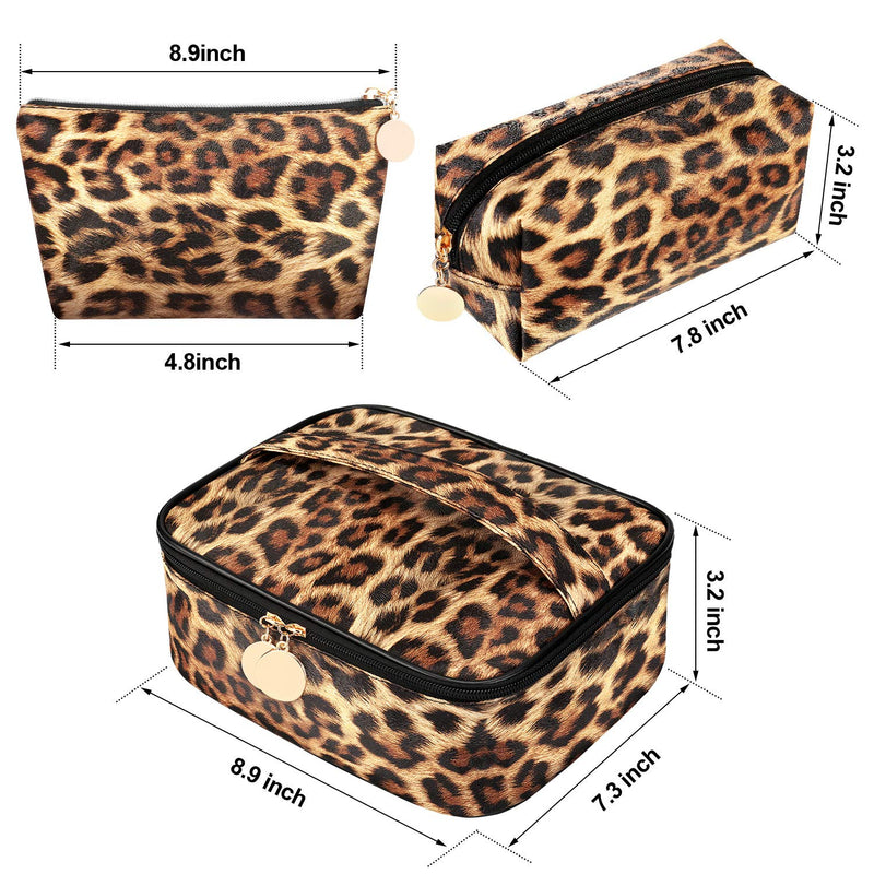 [Australia] - 3 Pieces Leopard Print Cosmetic Bag Set Cheetah Toiletry Travel Makeup Bag Portable Makeup Pouch Brush Organizer Purse Handbag for Women 