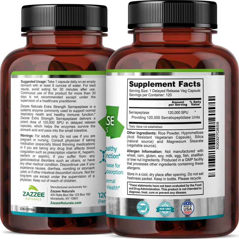 [Australia] - Zazzee Extra Strength Serrapeptase 120,000 SPU, 120 Vegan Capsules, Delayed Release, Systemic Enzymes, Supports Healthy Sinuses and a Healthy Immune System, Non-GMO and All-Natural 