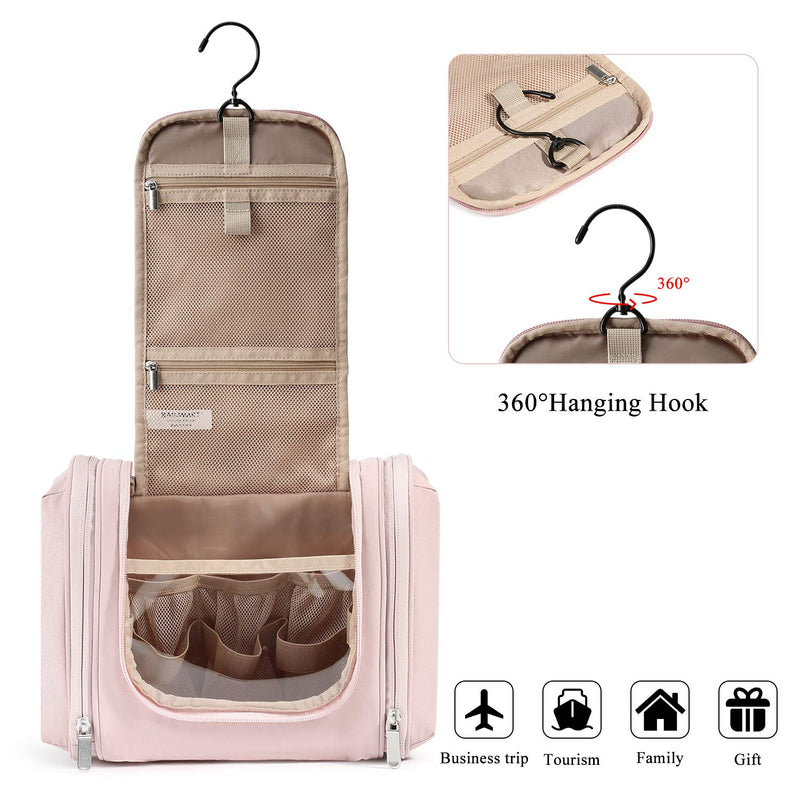 [Australia] - Hanging Toiletry Bag, BAGSMART Travel Toiletry Organizer with hanging hook, Water-resistant Cosmetic Makeup Bag Travel Organizer for Shampoo, Full Sized Container, Toiletries, Pink 