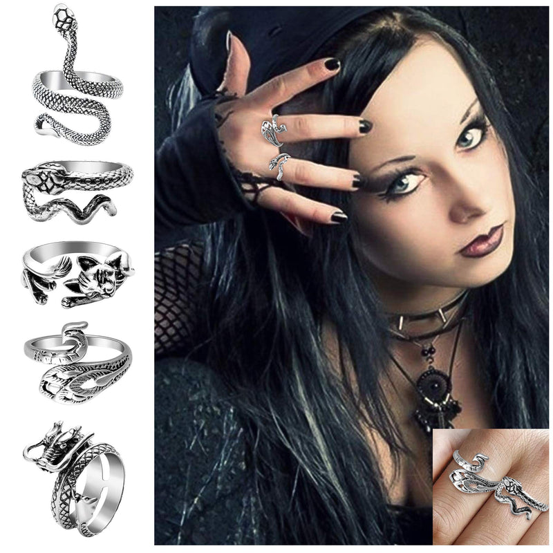 [Australia] - A1diee 12 Pcs Vintage Opening Punk Rings Set, Stainless Steel Alloy Biker Adjustable Rings, Snake Chinese Dragon Claw Octopus Frog Rings, Fashion Retro Gothic Knuckle Ring Black Silver Antique Jewelry 