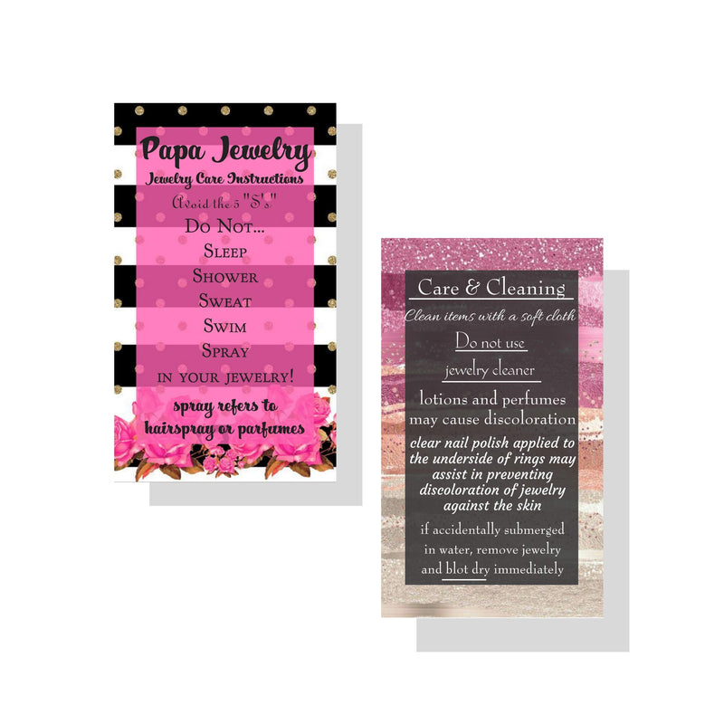 [Australia] - Jewelry Cleaning and Care Cards | Pack of 50 | Pink and Black Striped Floral Design | Jewelry Bling Queen Care Instructions 
