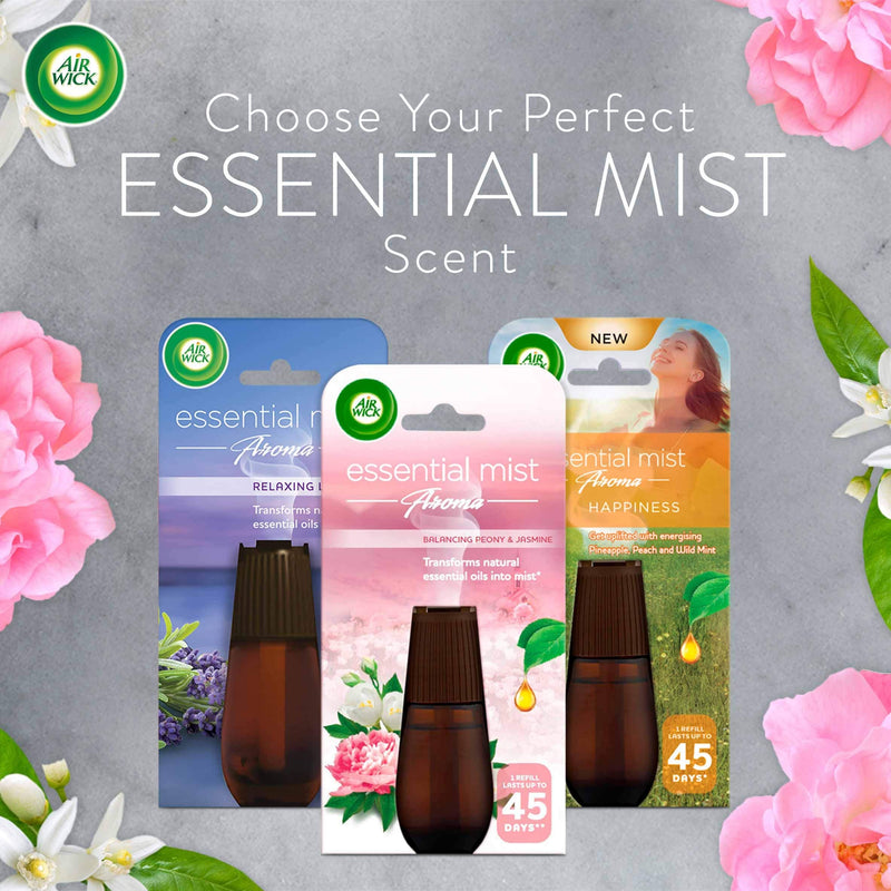 [Australia] - Airwick Essential Mist Kit, Essential Oil Diffuser Air Freshener for Aromatherapy, Balancing Peony & Jasmine (1 x Diffuser and 1 x Refill), Lasts Up to 45 Days 