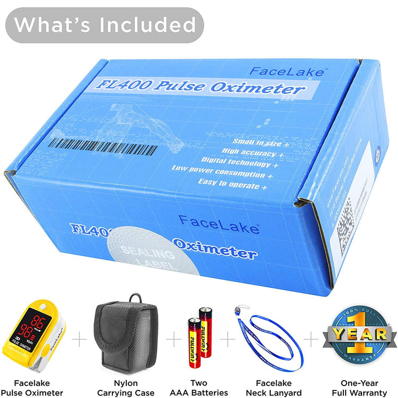 [Australia] - FaceLake FL400Y Pulse Oximeter Blood Oxygen Saturation Monitor, Neck/Wrist Cord, Carrying Case and Batteries Included, Yellow 