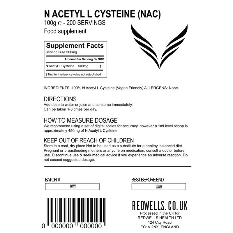 [Australia] - NAC Powder REDWELLS Pure N Acetyl L Cysteine Powerful Antioxidant - 100g Pack 100 g (Pack of 1) 