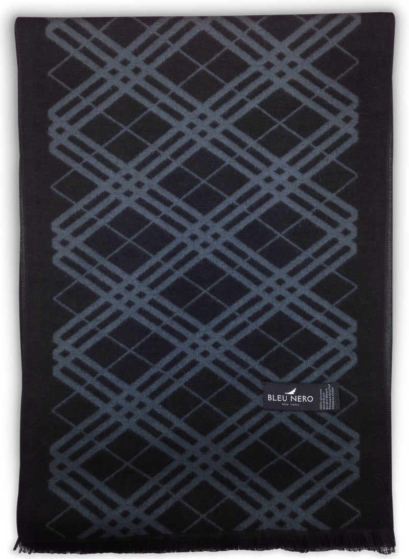 [Australia] - Bleu Nero Luxurious Winter Scarf Premium Cashmere Feel Unique Design Selection Black/Blue-grey Diagonal Plaid + Border 