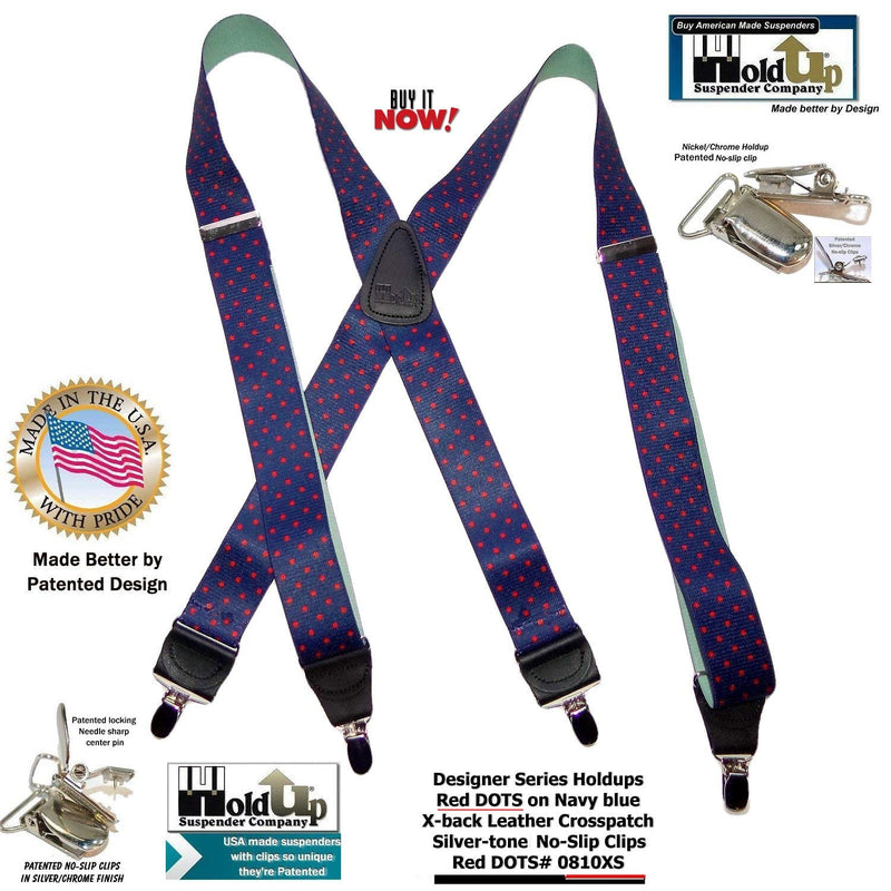 [Australia] - Holdup Designer Series Blue with Red Dot Pattern X-back Suspenders with Silver-tone No-slip Clips 