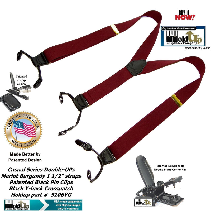 [Australia] - Holdup Suspender Company dark Merlot Burgundy wine colored Double-Up style Y-back Suspenders with Patented black No-slip Clips. 