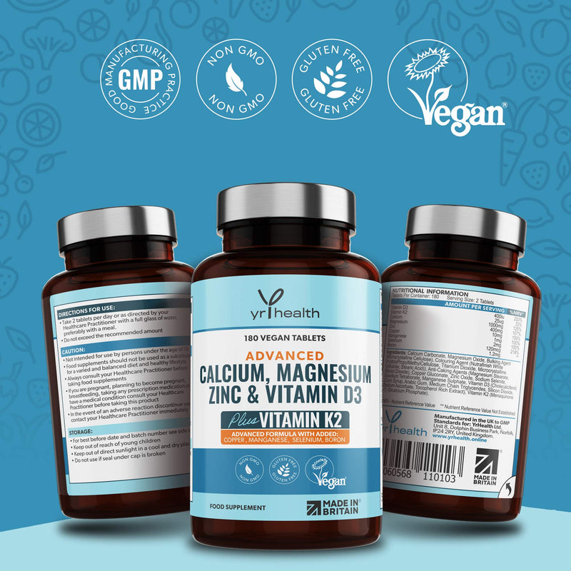 [Australia] - Calcium, Magnesium, Zinc and Vitamin D Plus Vitamin K2 MK-7 Tablets - Osteo Supplement - Vegan Tablets not Capsules 180 Count - Made in The UK by YrHealth 
