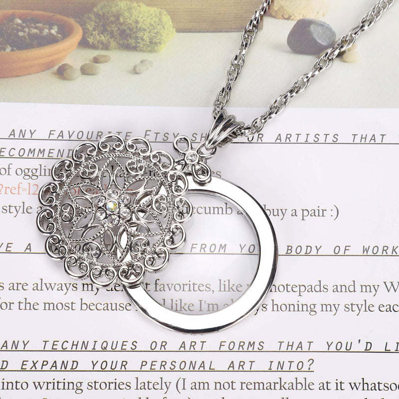 [Australia] - 5X Necklace Magnifier Magnifying Glass Flower Pendant Retro Magnifying Loupe Pocket Jewelry Magnifier Necklace Elegant Long Sweater Chain with Jewelry Box for Senior Reading (Silver-Sliding Top) Silver-sliding Top 