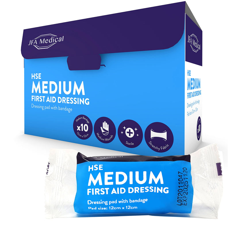 [Australia] - JFA Medical HSE Medium Sterile First Aid Wound Dressing Bandage with Pad 12 x 12cm - Pack of 10 Bandages 10 Count (Pack of 1) 