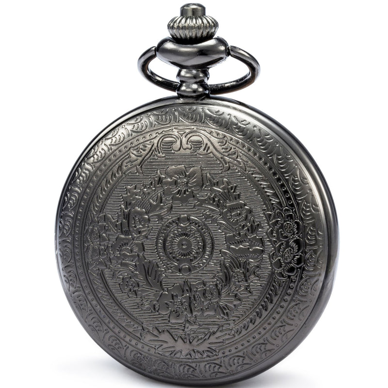 [Australia] - SEWOR Bronze Flowers Vintage Quartz Pocket Watch Shell Dial with Two Type Chain(Leather+Metal) Black 