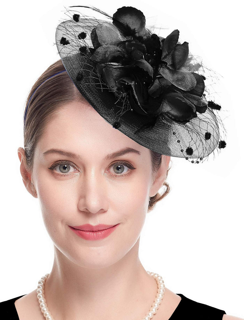 [Australia] - Fascinators Hats for Womens 50s Headwear with Veil Flower Cocktail Wedding Tea Party Church Derby Hat 1-4-black 