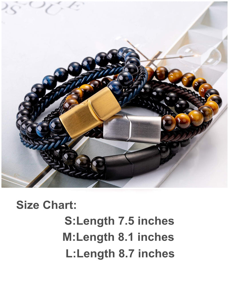 [Australia] - Matte Stone Mens Bead Leather Bracelet Natural Bead and Leather Stainless Steel Magnetic Closure Bracelet for Men Black 7.5 Inches 