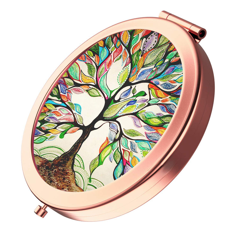 [Australia] - HeaLife Life Tree Makeup Mirror [New Version] Rose Gold Travel Purse Mirror Compact Double Sides 2x & 1x Magnification Hand Mirror Metal Round Bohemian Mirror for Women and Girls 