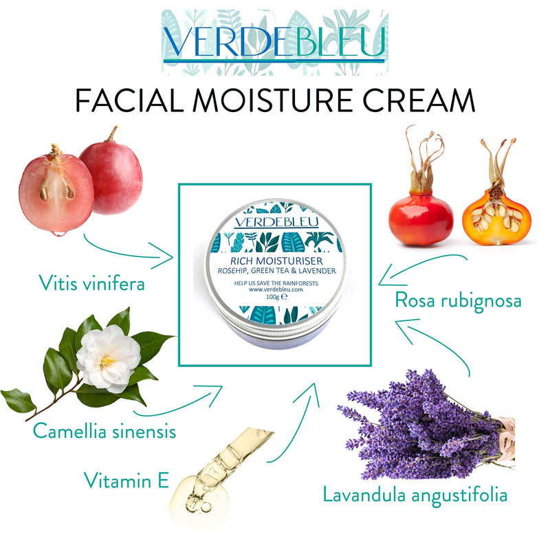 [Australia] - pH 5.5 Balanced, Natural - FACIAL MOISTURE CREAM - ROSEHIP, GREEN TEA & LAVENDER - 100 g by VERDEBLEU. Hydrating, Gentle for Sensitive Skin. We Donate 5% of Profit to Help Save Rainforests. 