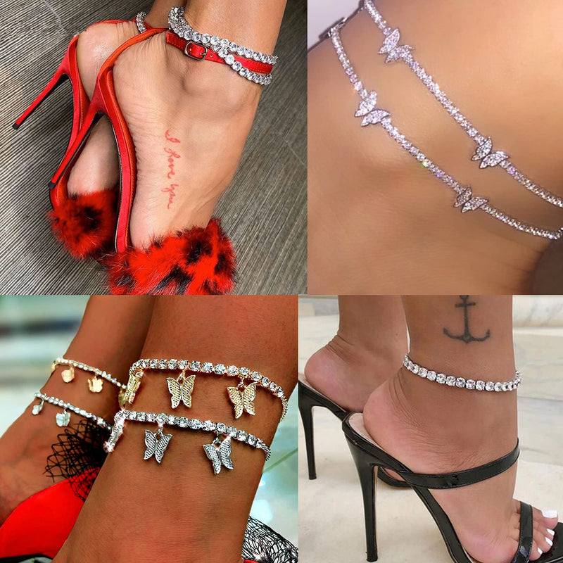 [Australia] - Jstyle 3Pcs Butterfly Anklet for Women Rhinestone Ankle Bracelet Adjustable Tennis Chain Anklets Summer Beach Foot Jewelry Gold 