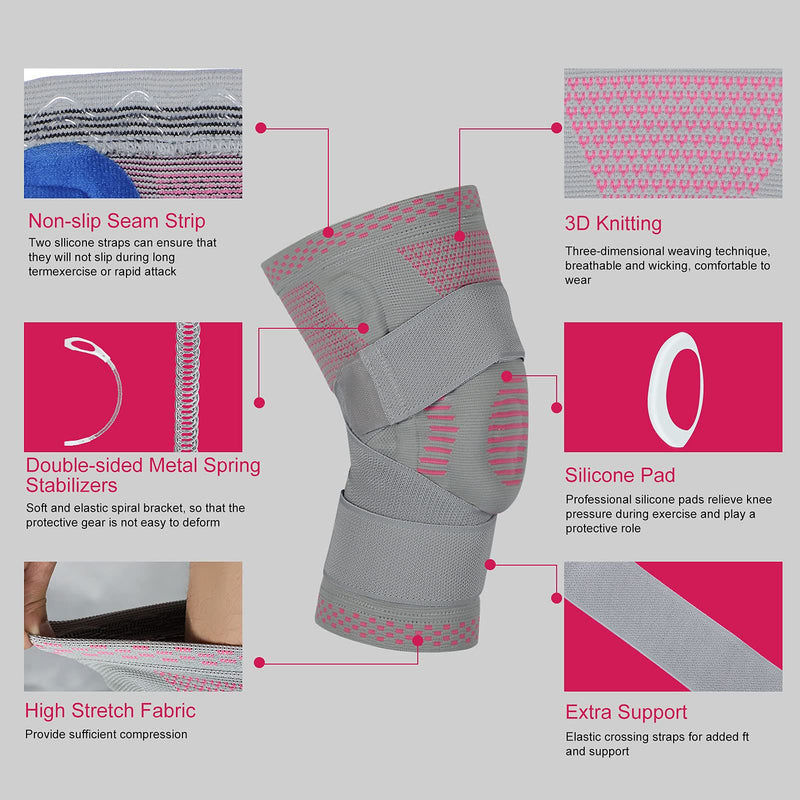[Australia] - Knee Brace Compression Sleeve with Strap Support -for Joint Pain and Arthritis Relief, Improved Circulation Compression for Meniscus Tear, Running, Basketball for Men & Women - Wear Anywhere - Single Medium grey/pink 