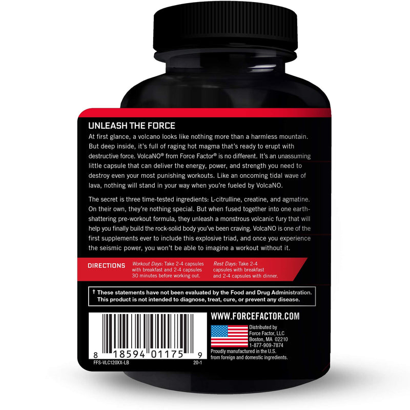 [Australia] - Volcano Pre Workout Nitric Oxide Booster Supplement for Men with Creatine and L-Citrulline to Boost Nitric Oxide and Energy, Build Muscle, Better Pump and Workout, Force Factor, 120 Capsules 