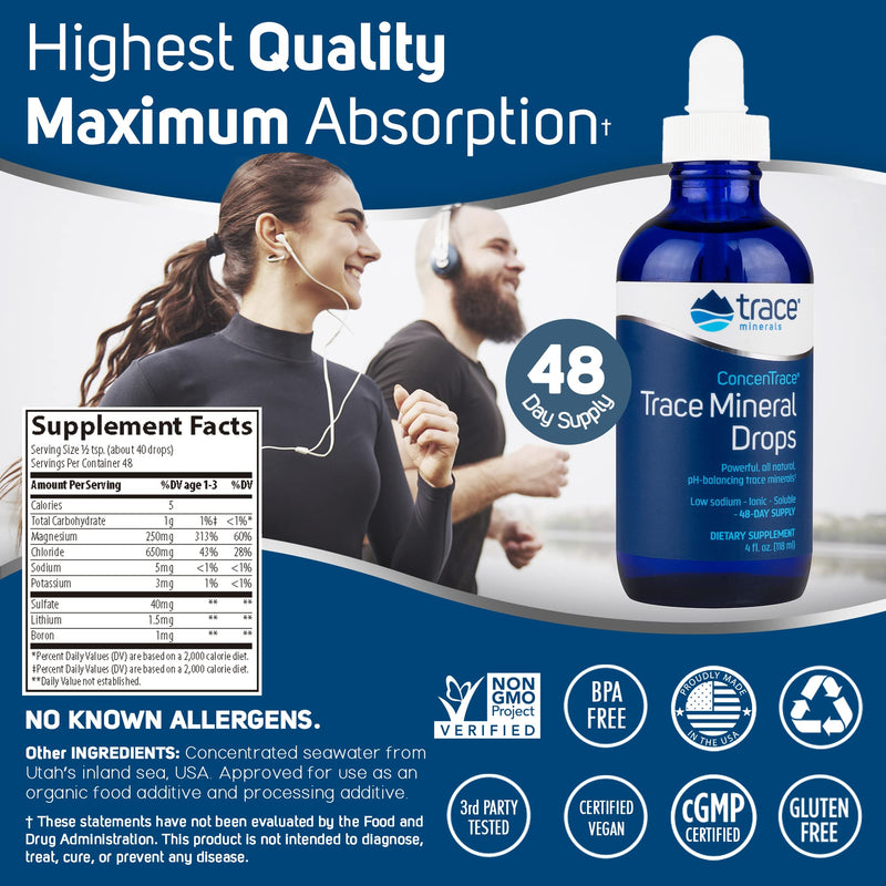 [Australia] - Concentrace Trace Mineral Drops 4 oz Glass Bottle | pH Balancing, 72 High Absorption Ionic Trace Minerals, Magnesium, Chloride, Potassium, Hydration, Electrolyte, Performance, Energy, No Sugar, Vegan 4 Fl Oz (Pack of 1) 