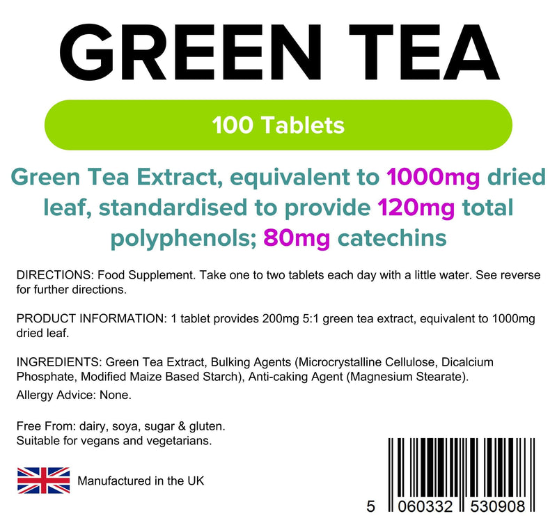 [Australia] - Lindens Green Tea 1000mg Tablets - 100 Pack - Green Tea Extract, Equivalent to 1000mg Dried Leaf, Standardised to Provide 120mg Total Polyphenols; 80mg Catechins - UK Manufacturer, Letterbox Friendly 