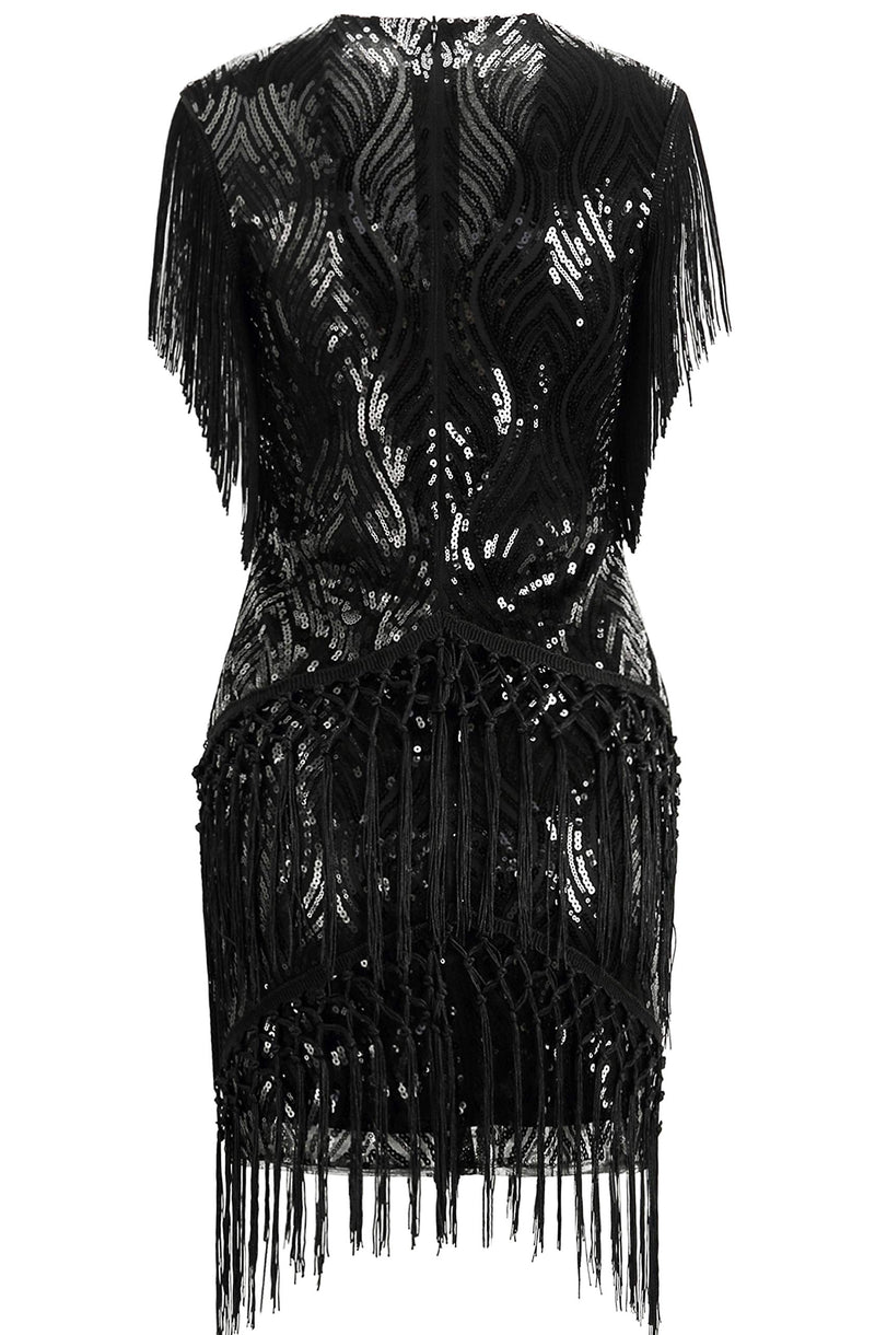 [Australia] - BABEYOND 1920s Flapper Dress Long Fringed Gatsby Dress Roaring 20s Sequins Beaded Dress Vintage Art Deco Dress Black X-Small 