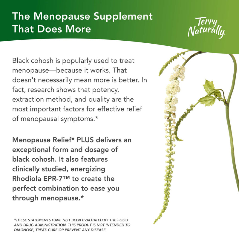 [Australia] - Terry Naturally Menopause Relief Plus - Rhodiola & Black Cohosh Complex, 60 Vegan Capsules - Hot Flash & Night Sweat Relief, Energy & Mood Support, Soy Free - Non-GMO, Gluten-Free - 60 Servings 