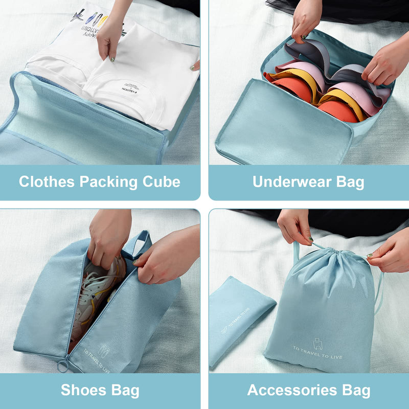 [Australia] - DIMJ Packing Cubes, 7 Sets Travel Luggage Organizers Suitcases Waterproof Packing Organiser with Label Shoe Storage Bags Laundry Bag 7 Pack Cation Blue 