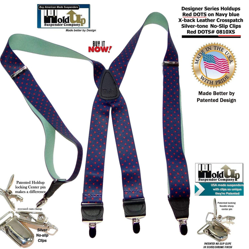 [Australia] - Holdup Designer Series Blue with Red Dot Pattern X-back Suspenders with Silver-tone No-slip Clips 