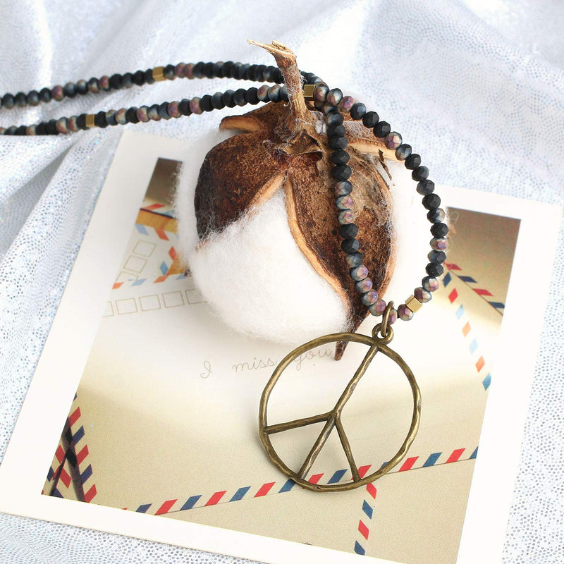 [Australia] - KELITCH Classic Peace Sign Necklace Love Hippie Pendant Frosted Crystal Beaded Necklace Colorful T 