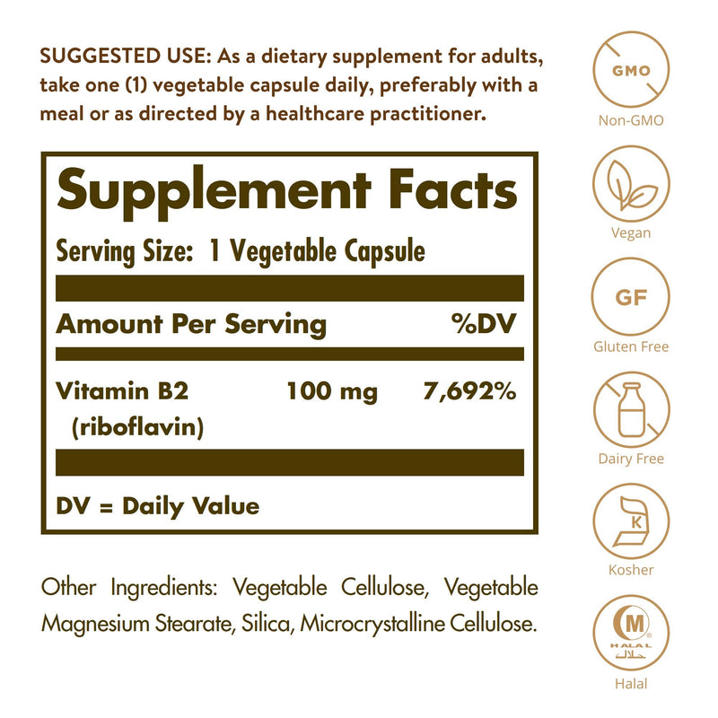 [Australia] - Solgar Vitamin B2 (Riboflavin) 100 mg Vegetable Capsules - Pack of 100 - Supports Energy Production - Can Help Reduce Tiredness and Fatigue - Vegan and Gluten-Free 