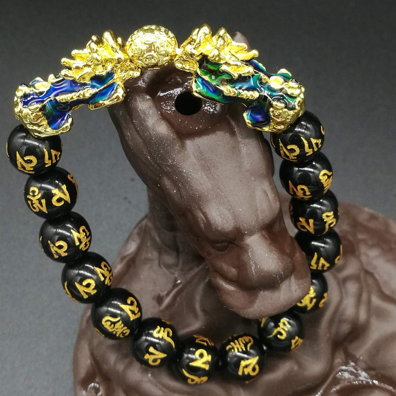 [Australia] - MANRUO Feng Shui Black Obsidian Wealth Bracelet Color Changed Pi Xiu Bracelets Dragon Mantra Bead Bangle Attract Wealth and Good Luck for Men/Women 10mm 