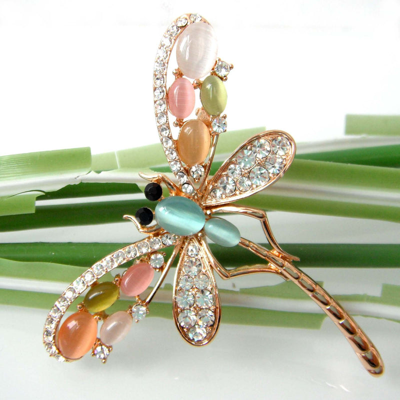 [Australia] - Navachi 18k Gold Plated Multicolor Opal Crystal Dragonfly Wings Brooch Pins 
