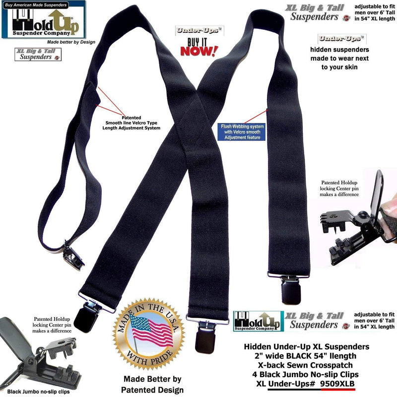 [Australia] - Holdup Brand 2" Wide Black XL hidden Undergarment Suspenders worn under your shirt with patented no-slip clips 