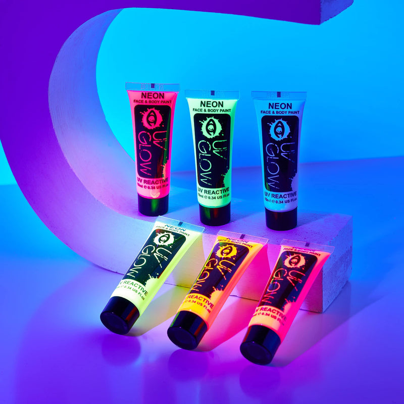 [Australia] - UV Glow Neon Face and Body Paint Set of 6 Tubes - Fluorescent - Brightest glow under UV! 