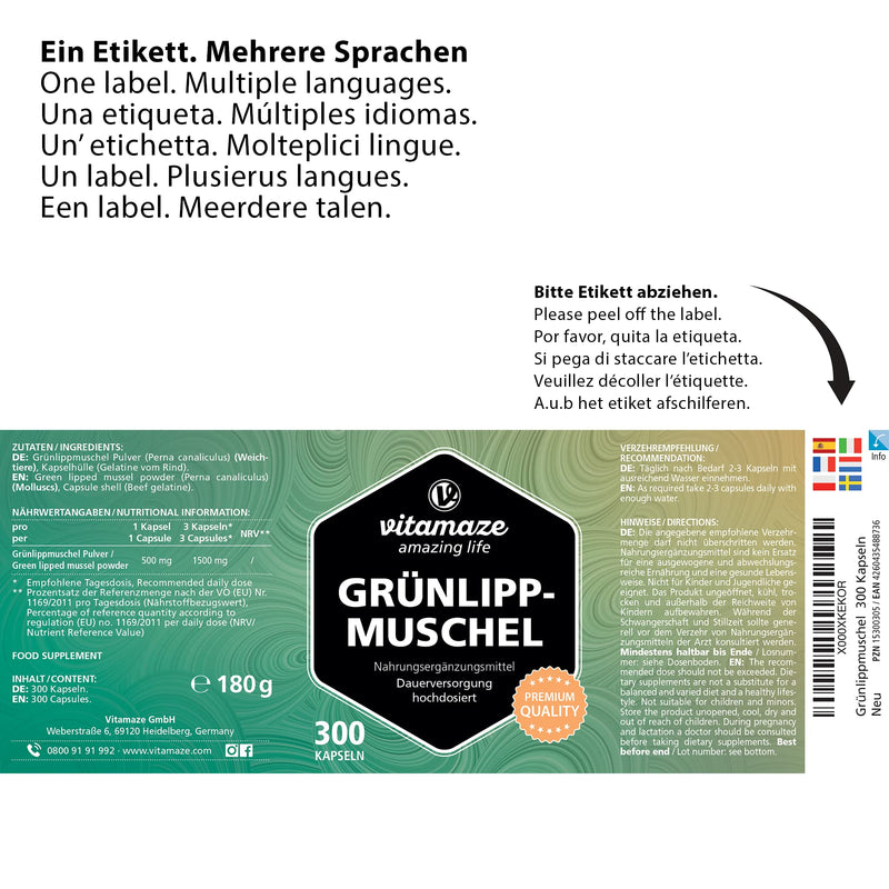 [Australia] - Green Lipped Mussel 1500 mg- Omega3 & Glycosaminoglycanes- 300 Capsules Pure New Zealand Green Lipped Mussel Powder - Supplement for Cartilage and Joints - German Quality 