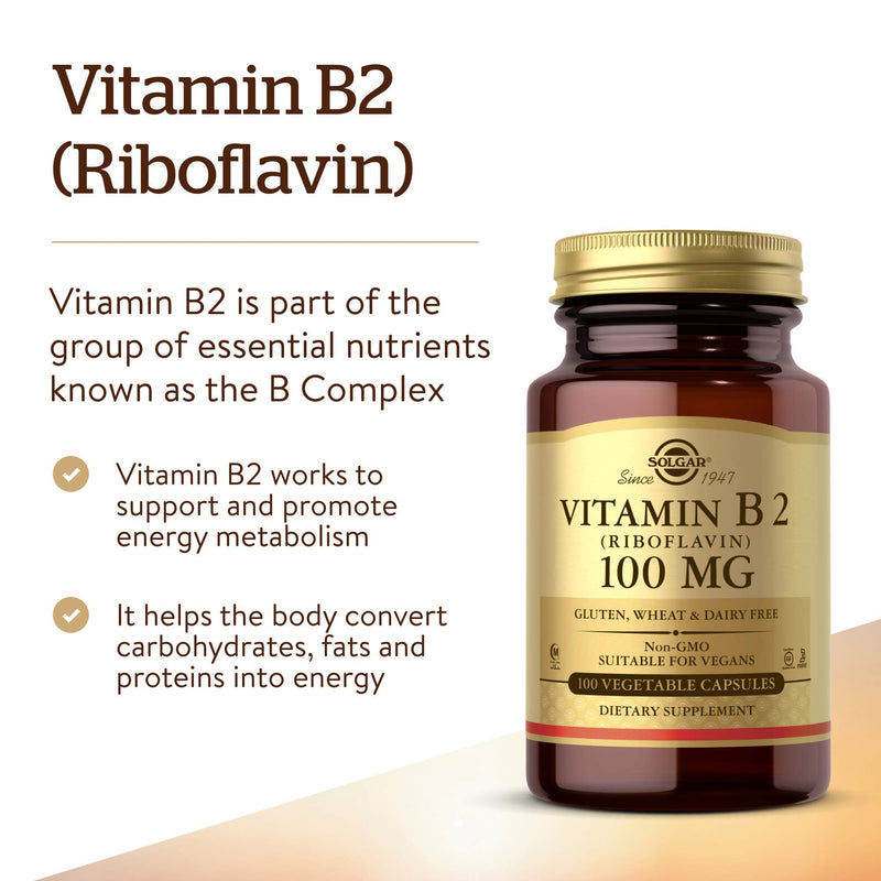 [Australia] - Solgar Vitamin B2 (Riboflavin) 100 mg Vegetable Capsules - Pack of 100 - Supports Energy Production - Can Help Reduce Tiredness and Fatigue - Vegan and Gluten-Free 