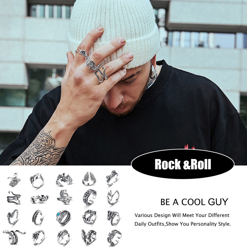 [Australia] - Fansilver 20Pcs Vintage Punk Rings for Men Women Adjustable Gothic Rings Set Stackable Open Rings Frog Dragon Snake Peacock Feather Rings Retro 