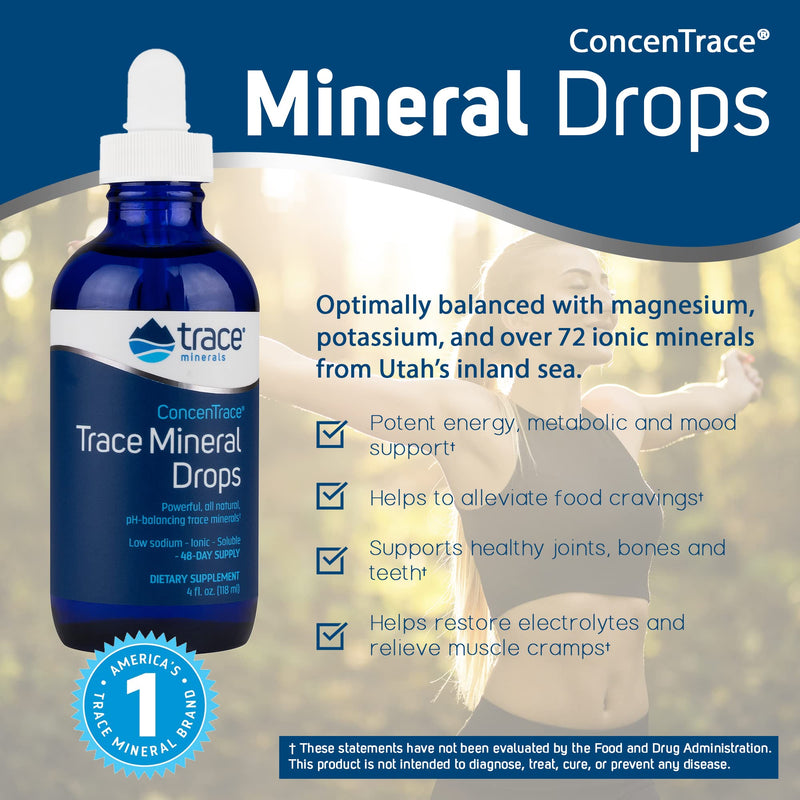 [Australia] - Concentrace Trace Mineral Drops 4 oz Glass Bottle | pH Balancing, 72 High Absorption Ionic Trace Minerals, Magnesium, Chloride, Potassium, Hydration, Electrolyte, Performance, Energy, No Sugar, Vegan 4 Fl Oz (Pack of 1) 