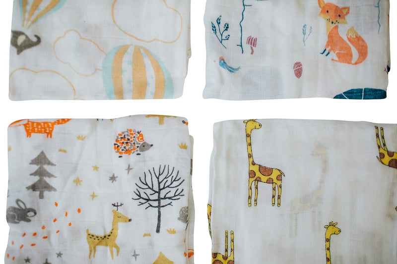 [Australia] - Little English Quality Muslin Squares cloth for Babies, Ultrasoft with 4 unique animal designs - Animal Friends - Pack of 4 - Size 60cm x 60cm 