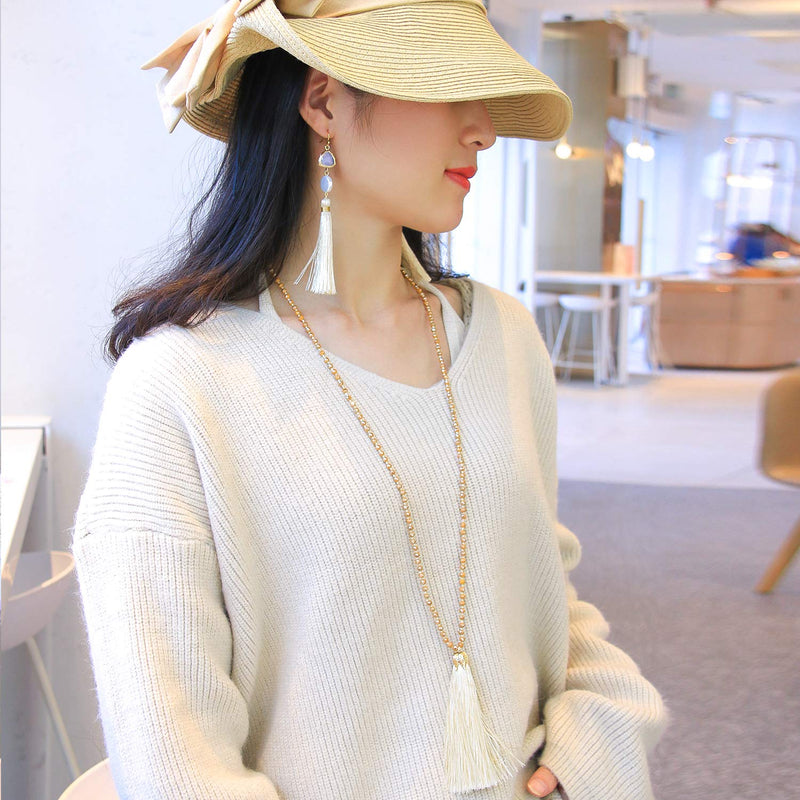 [Australia] - C·QUAN CHI Handmade Crystal Beaded Necklace Women Girls Tassel Pendant Necklace Statement Strand Necklace Gifts Jewelry for Women Gifts for Girls 02-Beige 