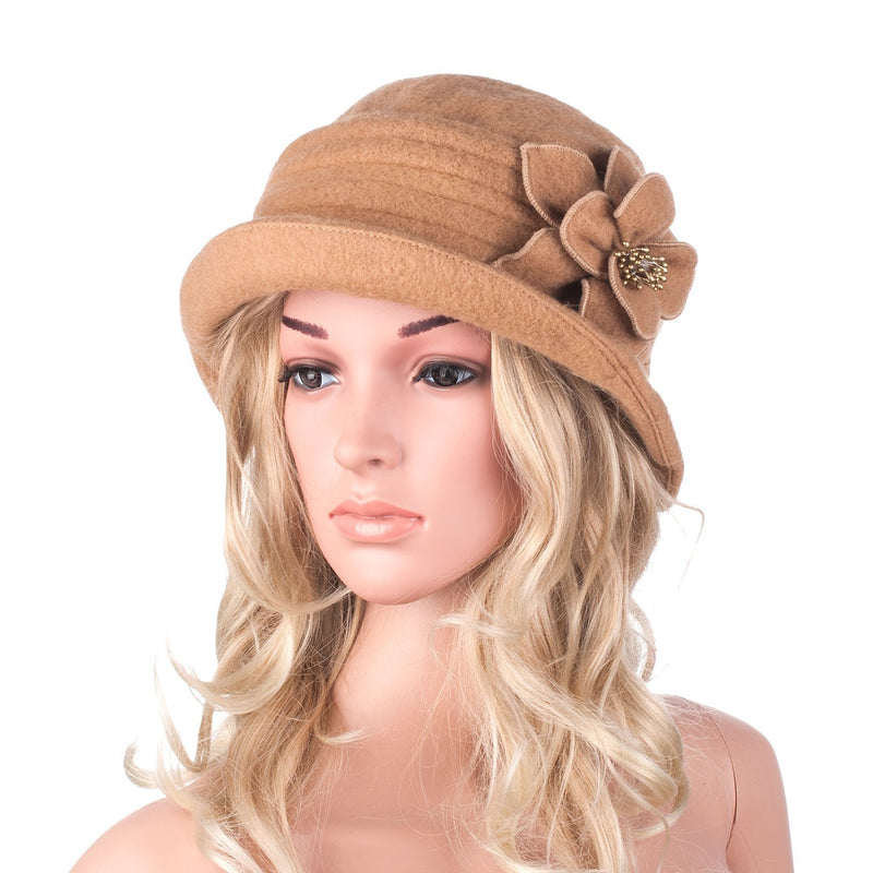 [Australia] - Women Elegant Classic Ladies Soft Wool Cloche Bucket Floral Winter Cap Hat A299 Camel 