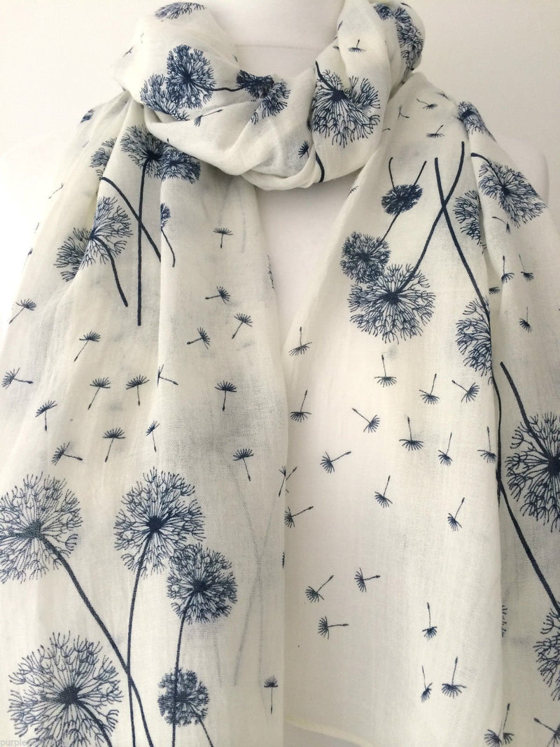 [Australia] - Purple possum® Cream Floral Scarf Ladies Ivory Navy Blue Flowers Wrap Dandelion Flower Shawl 