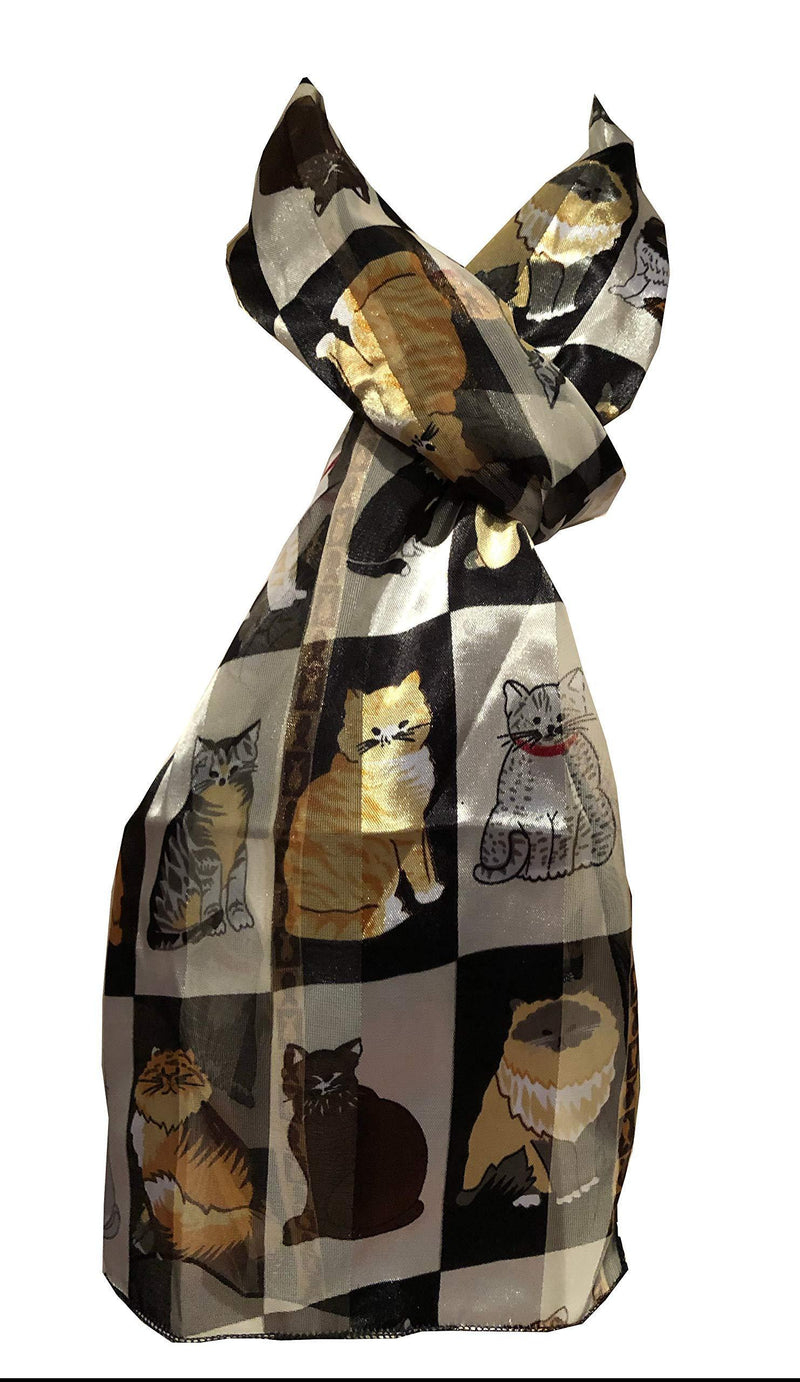 [Australia] - Pamper Yourself Now Ladies Shiny cat Scarf with a Square Design and Multi Coloured Cats. Great Present for Any cat Lovers. Black 