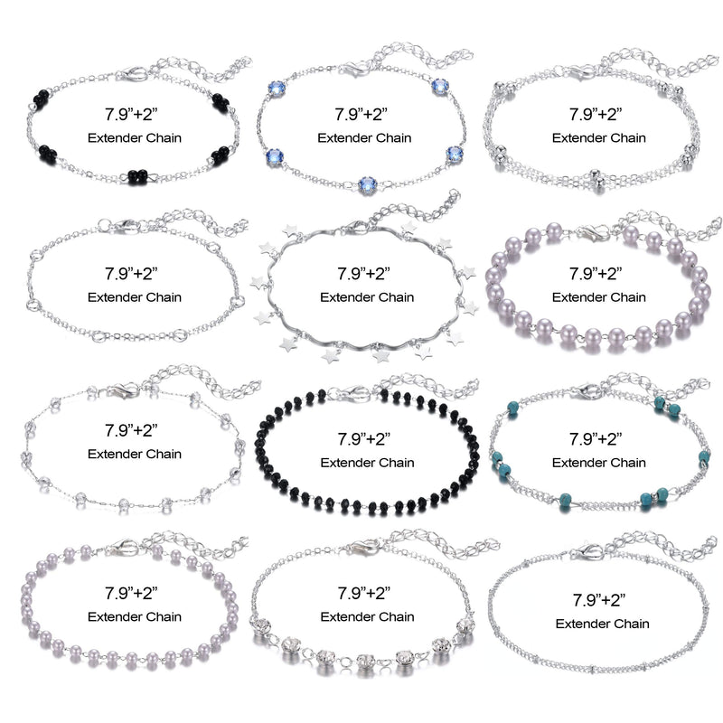 [Australia] - Softones 12Pcs Boho Silver Gold Small Beads Ankle Bracelets for Women Crystal Pearl Anklets Set for Girls Adjustable Chain Beach Foot Jewelry Silver Anklets 