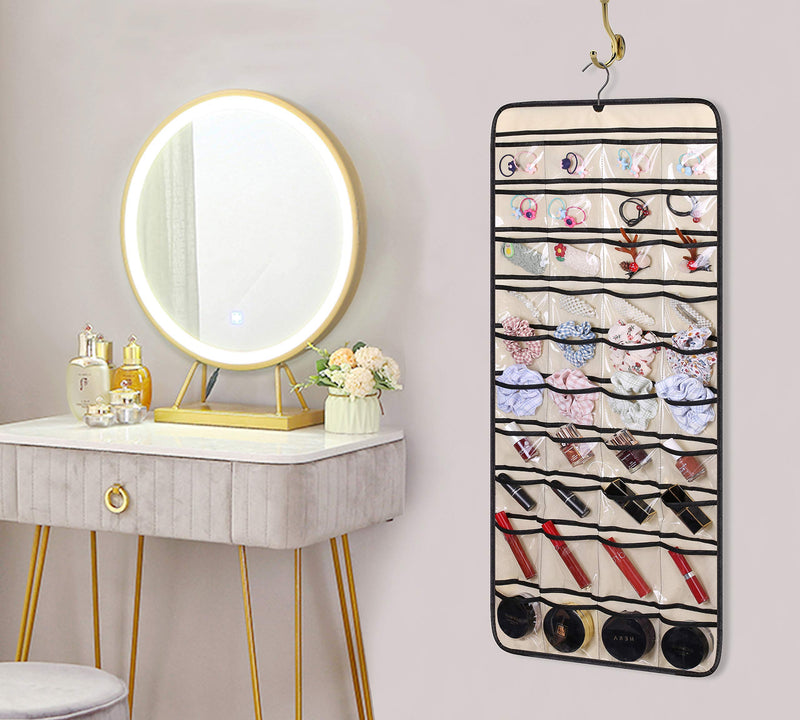 [Australia] - MISSLO Dual-sided Hanging Jewelry Organizer with 40 Pockets and 20 Hook & Loops Closet Necklace Holder for Earring Bracelet Ring Chain with Rotating Hanger, Beige 