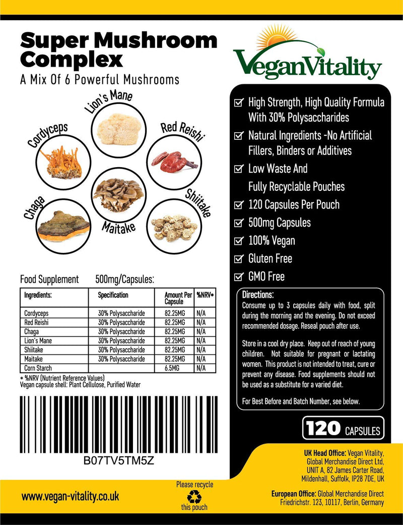 [Australia] - Mushroom Complex 6 Lions Mane Mushroom 120 Capsules High Strength Vegan Supplement with Lions Mane, Reishi, Chaga Mushroom Powder, Shitake, Cordyceps & Maitake 