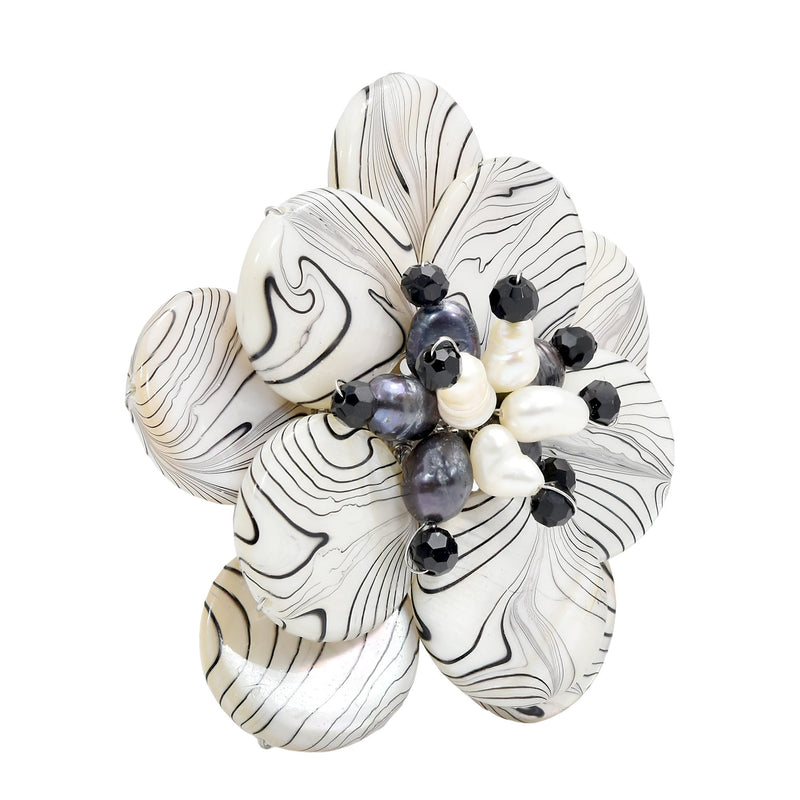 [Australia] - AeraVida Zebra Mother of Pearl Painted and Cultured Freshwater Pearl Floral Pin or Brooch 