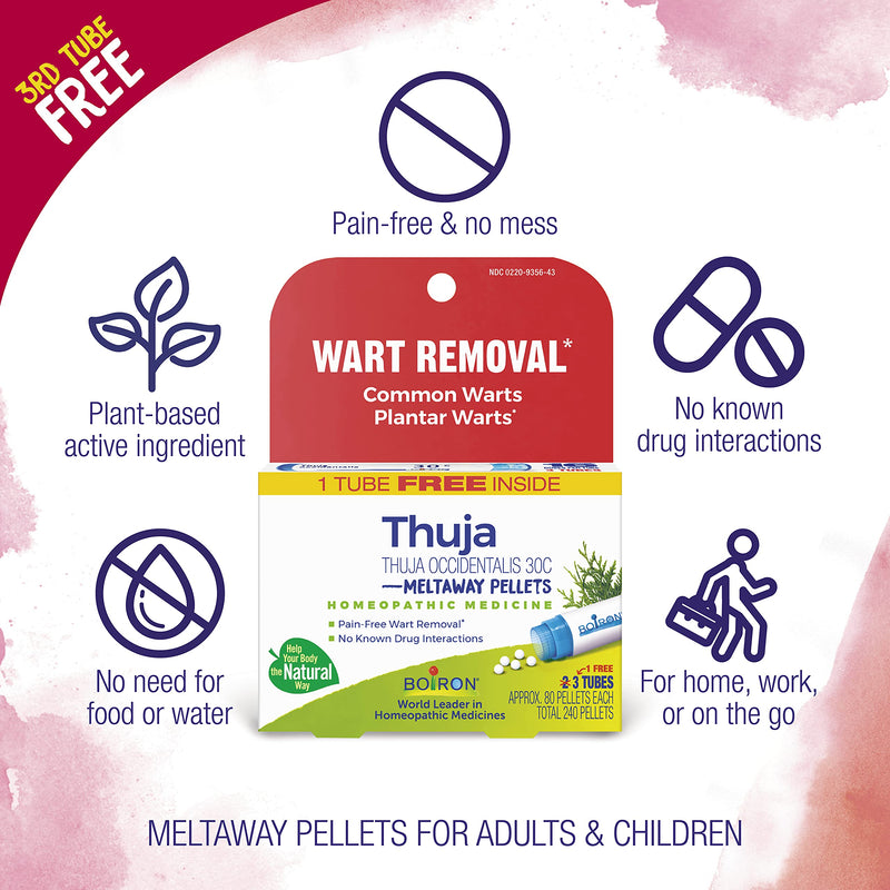 [Australia] - Boiron Thuja Occidentalis 30C Wart Removal Homeopathic Medicine for Painless Removal of Warts from Plantar (Feet), Hands, and Other Bodily Warts - 3 Count (240 Pellets) 